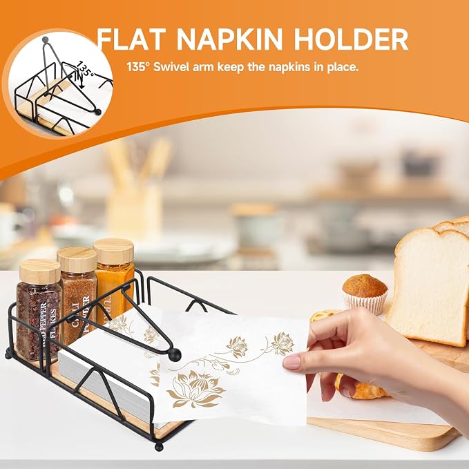 Napkin Holder for Table with Wooden Base, Metal Napkin Dispenser with Salt and Pepper Shakers Caddy, Modern Square Napkin Holders for Dining Table Decor, Kitchen, Outdoor, Party