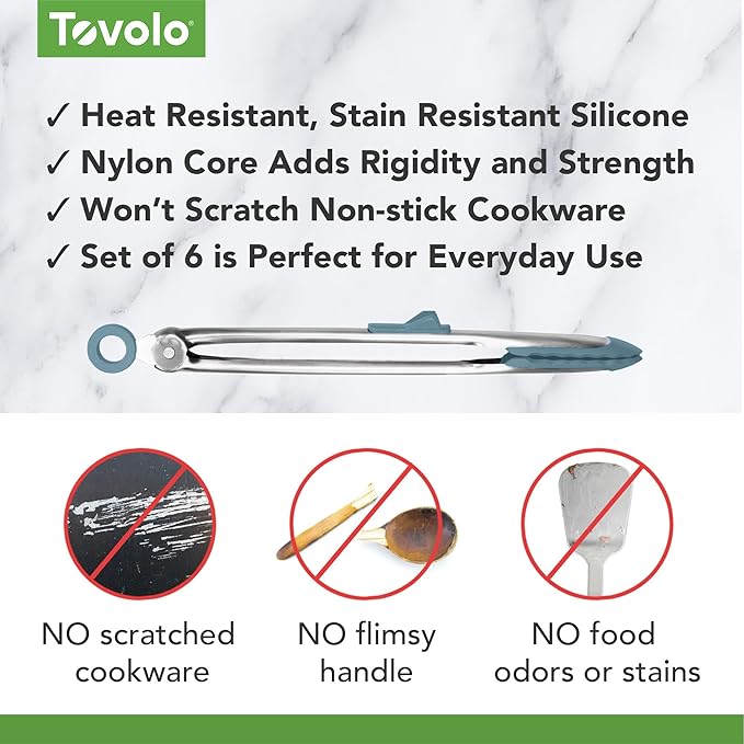 Tovolo Silicone Cooking Utensil Set of 6 Blue Slate Ladle Slotted Turner Tongs Flex Core Spatula Scraper Mixing Spoon and Potato Masher, Dishwasher Safe BPA Free Silicone Kitchen Utensils
