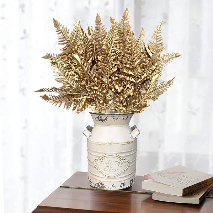 CATTREE Christmas Artificial Plants Decoration, Plastic Golden Shrubs Plant Simulation Boston Leaves Fake Fern Grass for Wedding Party Indoor DIY Home Office Table Centerpieces Decor - Gold 2 Pack