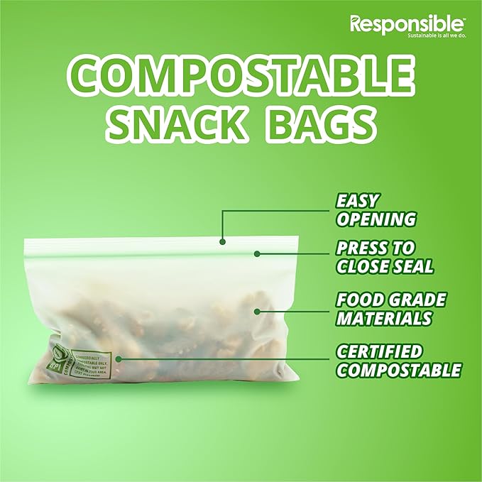 Responsible Products Certified Compostable SNACK Resealable Zip Bag, Extra Strength Food Bags, Plant-Based Freezer-Safe (40 Pack)