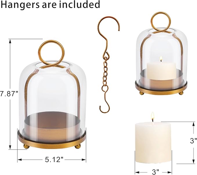 5"x7.5" Versatile Modern Metal Hurricane Lantern with Handmade Sturdy Glass Dome in Antique Brass for 3" Pillar Candle & Plants, Industrial, Farmhouse, Shabby Chic (Brass, 5"x7.5" for 3" Pillar)