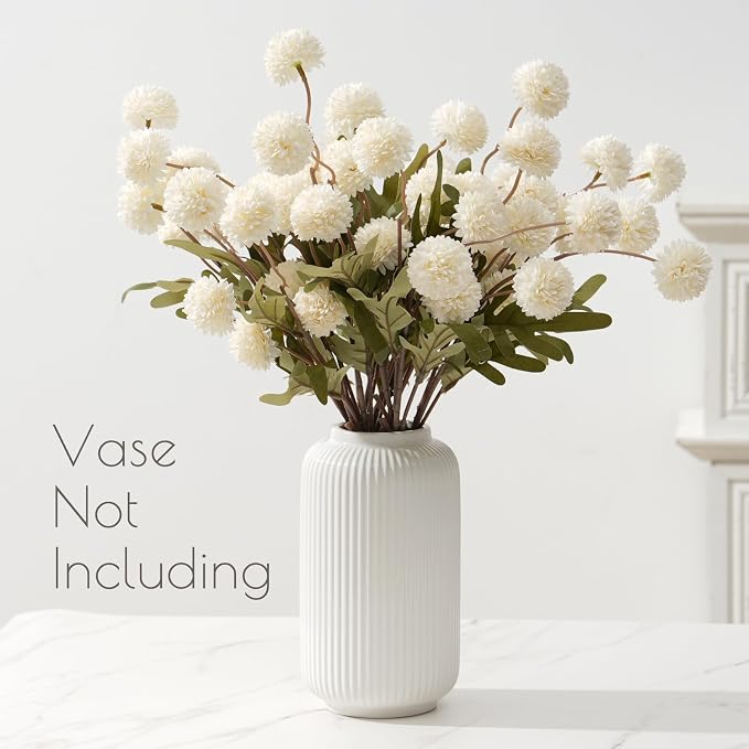 trytuny Fake Fall Flowers for Vase, Faux Silk Kiku Mums, Artificial Pom pom Floral Bouquets Indoor Centerpiece Office Coffee Table Boho Home Decorations (9, White)