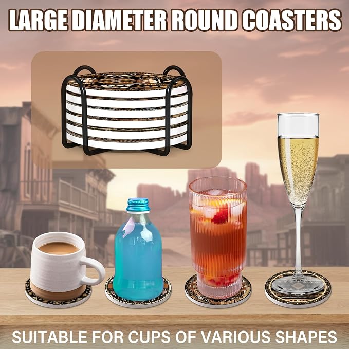 Drink Coasters Set of 6, Western Ceramic Stone Coasters, Western Home Decor, with Cork Base and Metal Holder, Absorbent Round Non-Slip Drink Coffee Bar Decor Mug Cup Coaster