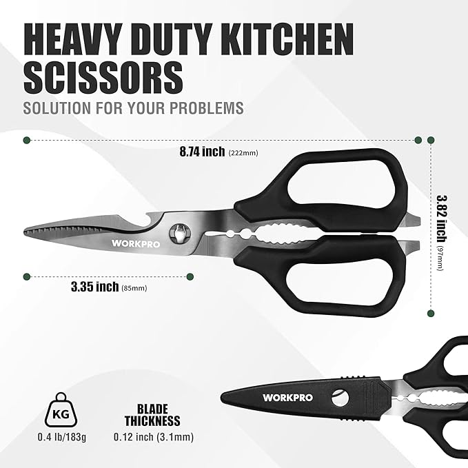 WORKPRO Kitchen Scissors, All Purpose Kitchen Shears with Detachable Stainless Steel Blades, Titanium Coated for Easy Cleaning, Heavy Duty for Meat, Fish, Nuts, Vegetables, Protective Cover Included