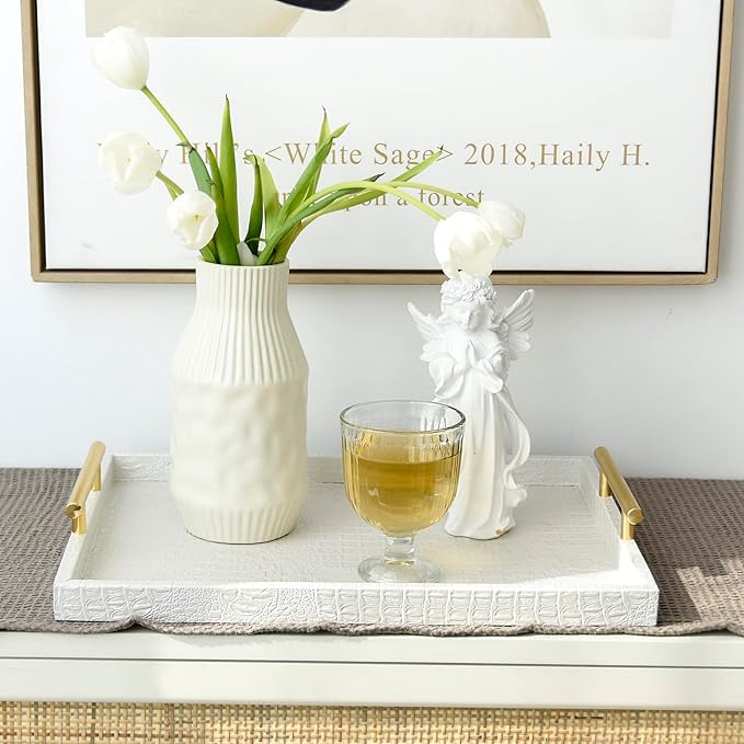 Set of 2 Modern Elegant Large Wood Serving Tray, Rectangle Decorative Tray Ottoman Tay Coffee Table Tray, Pearl White Crocodile Leather with Gold Polished Metal Handles