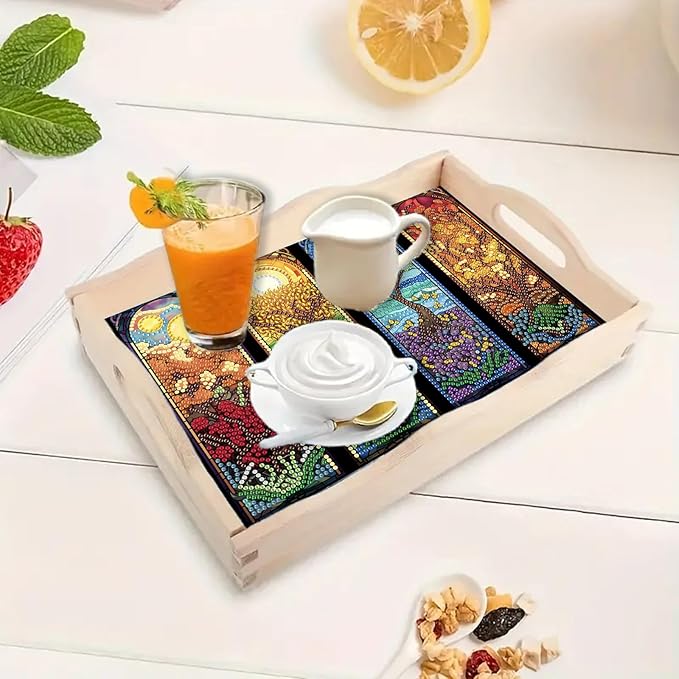 BAYUNOE DIY Diamond Serving Tray Rectangular Breakfast Tray with Handle Handmade Diamond Art Painting Wooden Tray Spring Creative Dinner Plate Coffee Room Living Home Organizer-Four Seasons Scenery