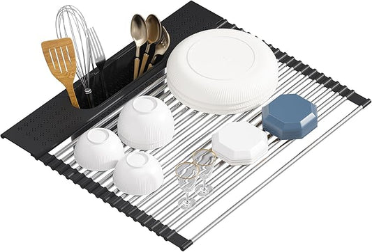 Roll Up Dish Drying Rack Over Sink, 17.5" x 15.2" Foldable SUS304 Stainless Steel Kitchen Dish Drainer, Heat-Resistant Multipurpose Rolling Sink Rack Organizer,Black
