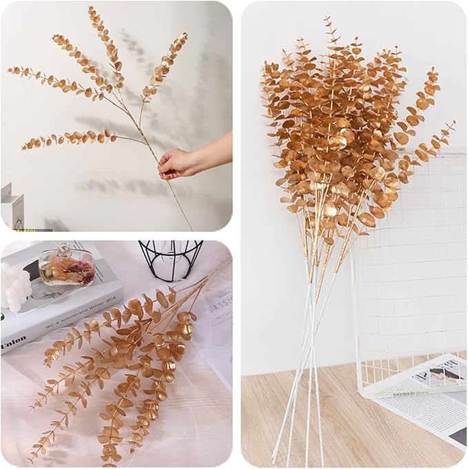 CATTREE Artificial Eucalyptus, Plastic Gold Plants Christmas Decorations Fake Shrubs Bushes for Indoor Home Table Centerpieces Hotel Hall Party Decor Wedding Planting Filler 30" Tall Golden 2 Pack
