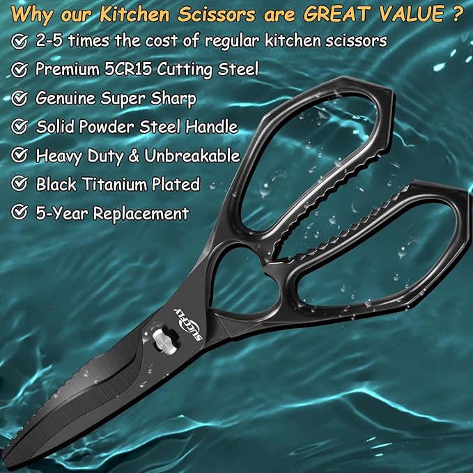 SUCCFLY Kitchen Scissors for Food，Premium Kitchen Shears Heavy Duty，8.8″Ultra Sharp Meat Scissors Detachable Blade，All Steel Poultry Shears Black Titanium Plated，Anti-Slip Cooking Scissor All Purpose