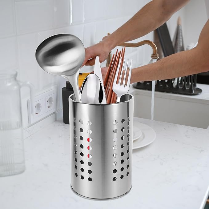 Unomor Stainless Steel Kitchen Utensil Holder with Drain Holes - 7.00 Inch Cutlery Organizer for Chopsticks Spoons & Forks - Countertop Storage for Kitchen Supplies