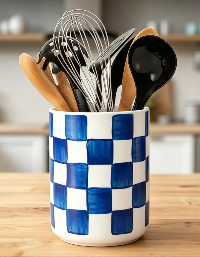 JarThenaAMCS Kitchen Utensil Holder 6.3 Inch Checkered Ceramic Cooking Utensil Holder Modern Watercolor Blue White Plaid Utensil Crock for Home Kitchen Countertop Storage Organizer Container