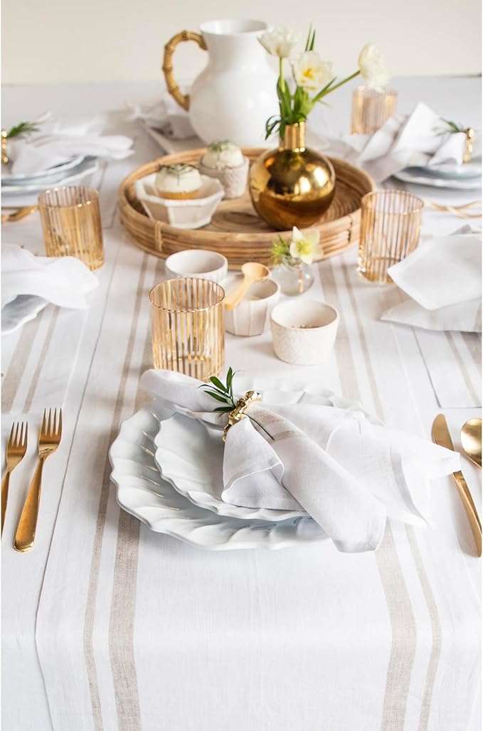 Solino Home Linen Table Runner 132 Inches Long - 100% Pure Linen Natural and White French Stripe Table Runner 14 x 132 Inch for Dining, Spring, Summer