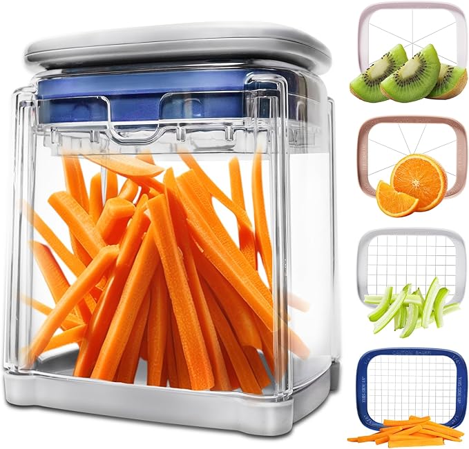 4-in-1 French Fry Cutter Potato Slicer with Container Manual Vegetable Chopper with 4 Blades Potato Cutter for Fries Apple Slicer & Onion Dicer