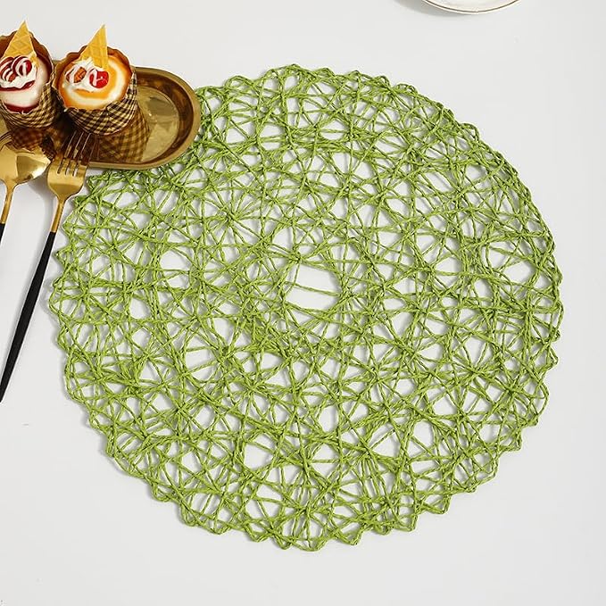 IcosaMro Grass Green Round Placemats Set of 6 for Dining Table, 15 Inch Paper Woven Boho Decorative Circle Place Mat for Wedding Christmas Thanksgiving Day Holiday Dinner, Grass Green