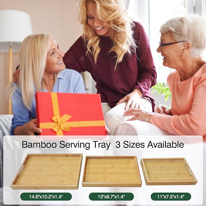 Bamboo Serving Tray with Handles, 11x7.5 Inch Rectangular Breakfast Tray for Eating on Couch or Bed, Modern Decorative Coffee Table Trays for Serving Food, Drink and Fruit