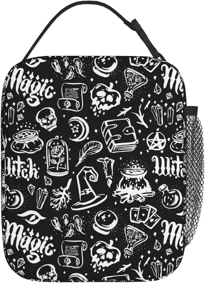 Gianlaima Witchcraft Halloween Skull Maggic Witch Insulated Lunch Box For Women Man, Portable Lunch Bag Reusable Cooler Tote For Office Work Travel Picnic Camping Beach