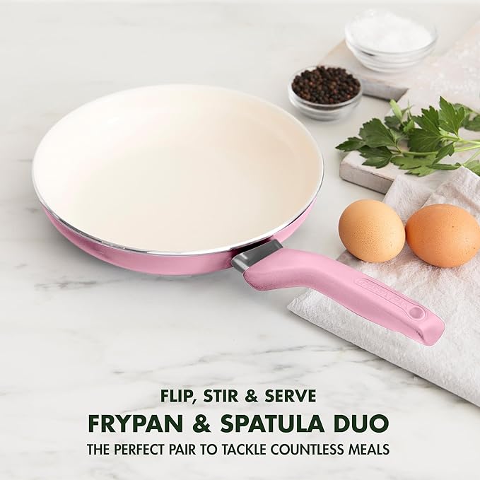 GreenPan Rio Healthy Ceramic Nonstick 8" Frying Pan Skillet and Silicone Spatula Set, Soft Grip Handle, Breaktfast Meal Set, PFAS-Free, Dishwasher Safe, Oven Safe, Pink