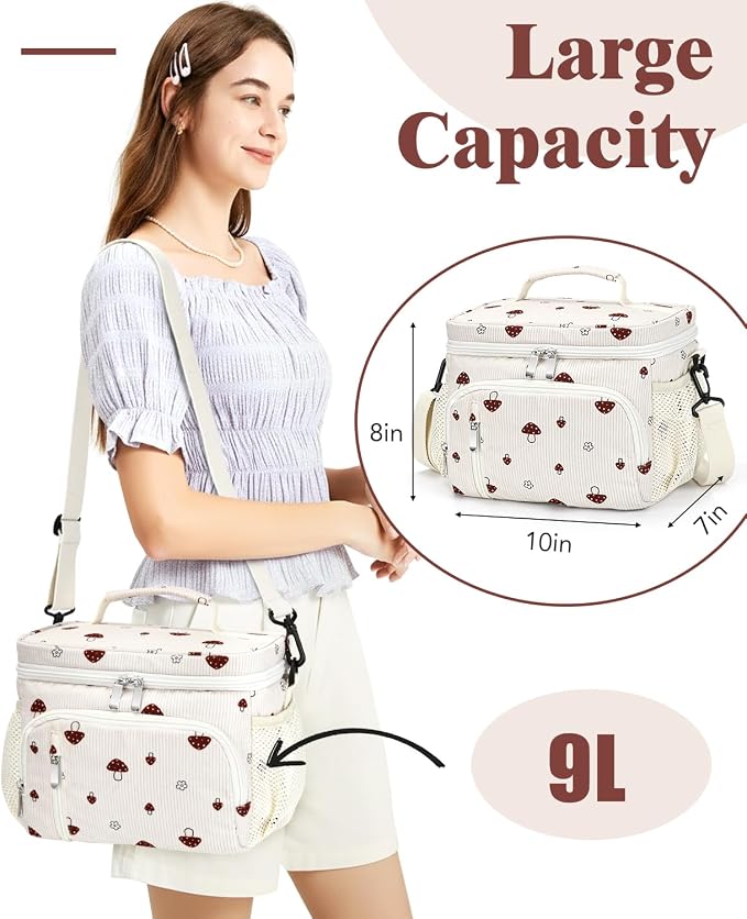 Insulated Lunch Bag for Men & Women, 9L Leakproof Lunch Box Soft Cooler Tote with 5 Pockets, 600D Oxford, EVA Lining, Adjustable Strap for Work, Picnic, Beach&Travel-Corduroy Mushroom