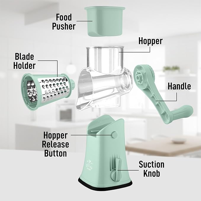 Zulay Kitchen Rotary Cheese Grater 5 Blade Cheese Shredder - Manual Hand Crank Cheese Grater With Reinforced Suction & 5 Interchangeable Drums - Easy to Use, Vegetable Chopper Round Mandoline Slicer