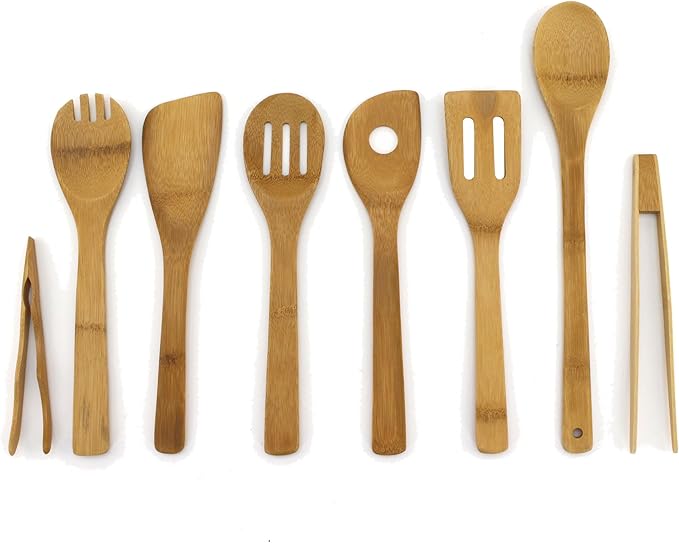 BambooMN Bamboo Kitchen Utensil Holder for Countertop with 8 Piece Utensil Set