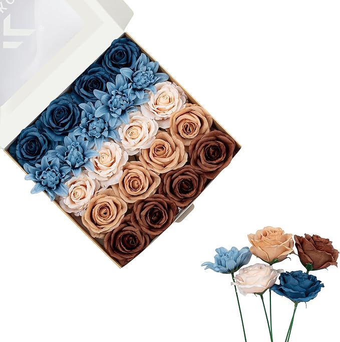 FANKO Artificial Flowers for DIY, Blue Brown Faux Flowers Bouquet, Fake Flowers with Roses Dahlia Silk Flowers for Vase, Home Decor, Wedding Centerpiece, Father’s Day, Party