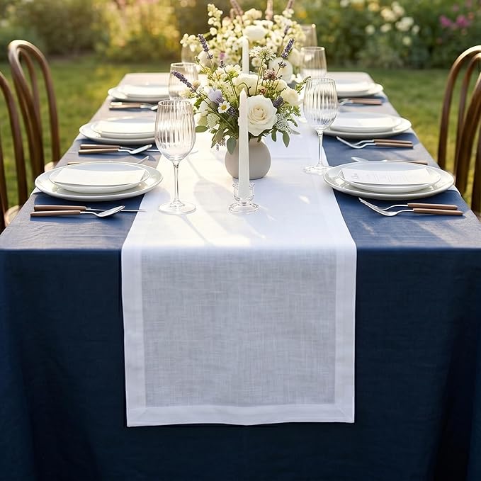 Solino Home Linen White Table Runner 156 Inches Long - 100% Pure Linen Extra Long Table Runner 14 x 156 Inch for Spring, Summer, 4th of July - Fete