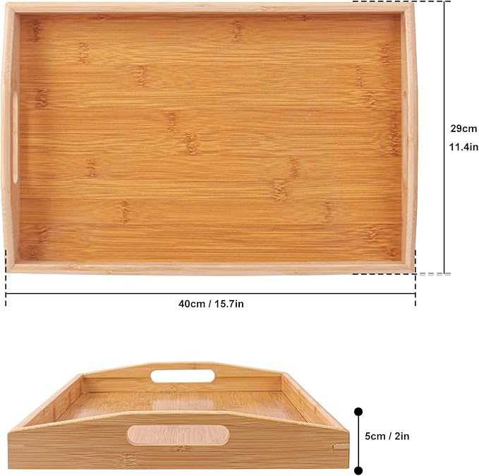 2 PCS Bamboo Serving Tray, Breakfast Bed Tray with Handle, 15.8 x 11.4 x 2 Inch Wood Serving Tray for Serving, Breakfast Bed Trays for Eating, Decor, Displaying Cake, Fruit