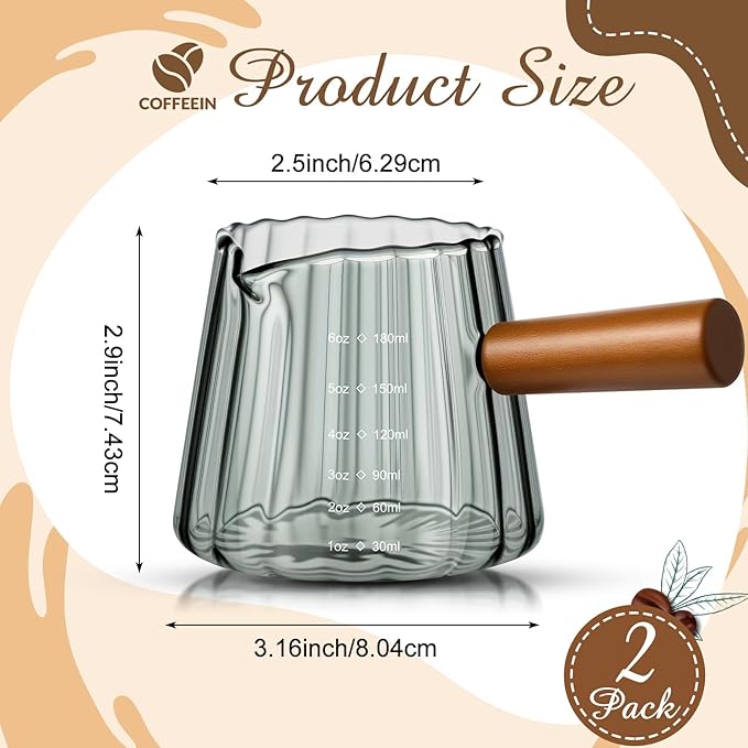 Jingmore 2 Pcs Espresso Shot Glass with Handle, 6 oz/180 ml Espresso Cup with Single V-shaped Mouth, Measuring Cup for Milk Tea Coffee Bar Accessories (Gray)