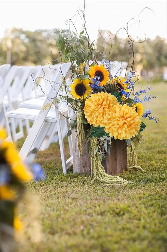 Briful [6PCS Autumn Artificial Chrysanthemum Flowers – 25.6” Long Stem Faux Silk Flowers with Large 6” Bloom Heads, Realistic Plastic Leaves – for Home Wedding Party Office Fall Decor (Yellow)