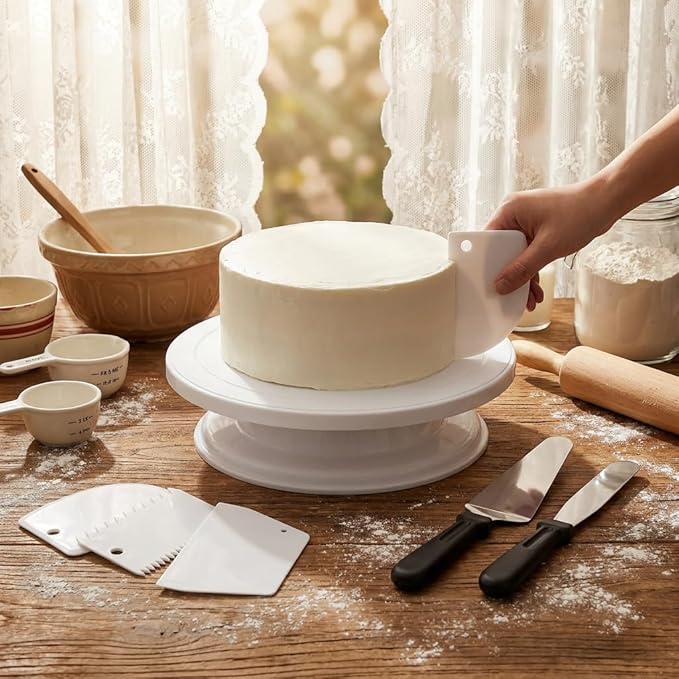 White Cake Decorating Kit with Revolving Cake Turntable, 8-Piece Baking Supplies and Decorating Tools Set including 3 Frosting Spatulas, 4 Icing Smoothers, Gift for Beginners & Pros