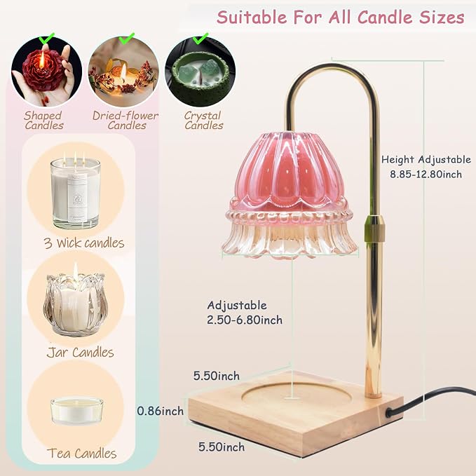 Glass Flower Lampshape Candle Warmer Lamp with Adjustable Height, Wax Burner Lamp with Timer and Dimmer, Wooden Base Candle Warmer, Women's Gifts (Pink)