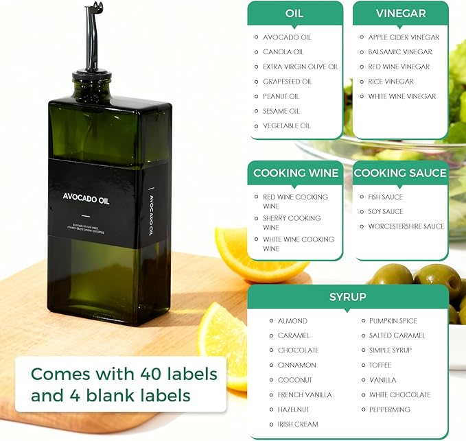 WISIMMALL Olive Oil Dispenser Bottle For Kitchen, 17OZ UV-Blocking Oil And Vinegar Dispenser Set Of 4, Soy Sauce Cooking Oil Dispenser with 4 Stainless Steel Pourers & 44 Labels