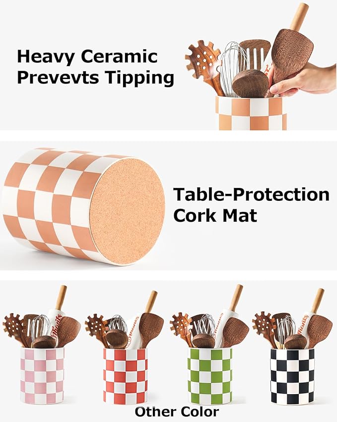 Utensil Holder，7.2 Inch Checkered Utensil Holder, Ceramic Cooking Utensil Spoon/Spatula Holder for Countertop, Kitchen Decor and Accessories for counte(Brown)