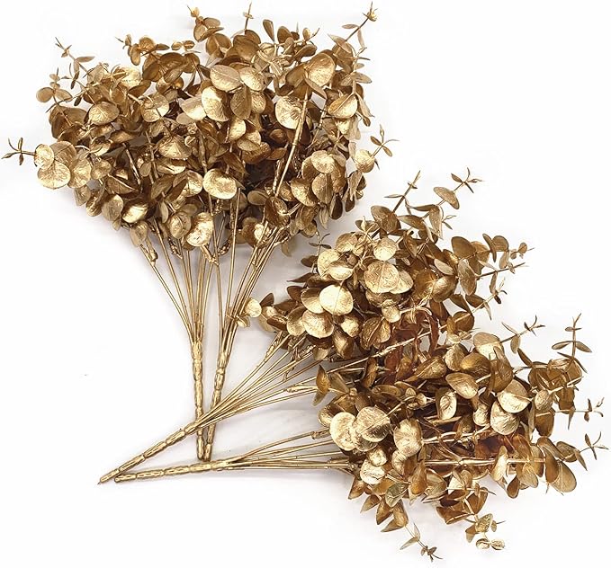Artificial Gold Plants Decorations, Fake Plastic Golden Eucalyptus Shrubs Faux Simulation Foliage for Christmas Wedding Party Indoor Hotel Hall Home Table Centerpieces DIY Decor Planting Filler 2 Pack