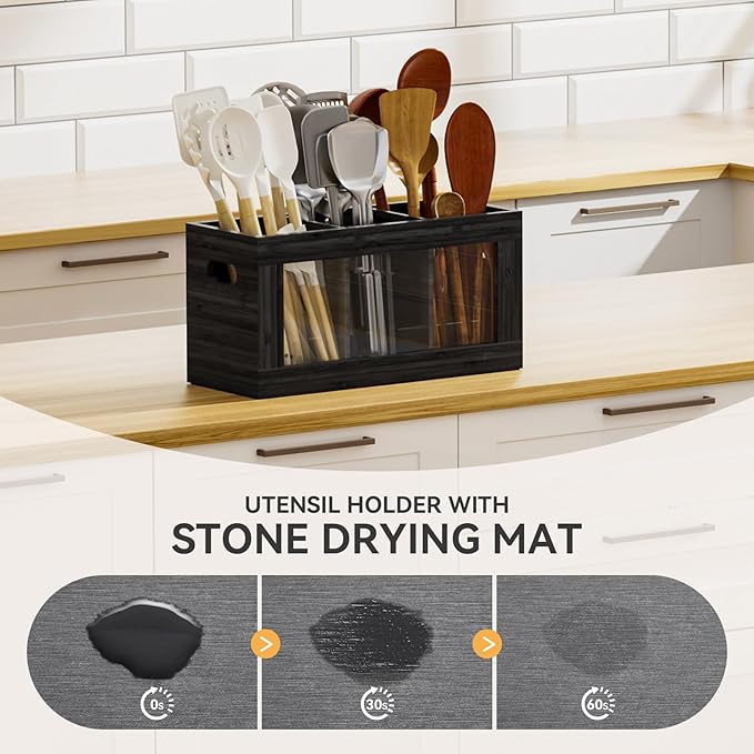 Yofidra Bamboo Utensil Holder & Silverware Organizer: Extra Large Cooking Spoon Holder with Absorbing Drying Stone and 6 Compartments Kitchen Countertop Farmhouse Decor 11.8"X4.7"X5.9" Black