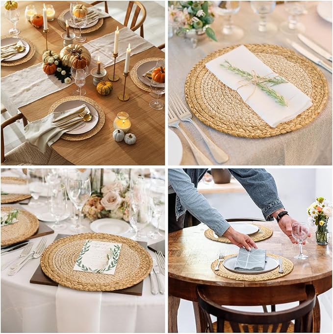 13 in Round Woven Placemats Plate Chargers Set of 6, Chargers for Dining Table Decor Boho Farmhouse Rustic Rattan Wicker Table Mats Jute Braided Place Mats Chargers for Dinner Plates