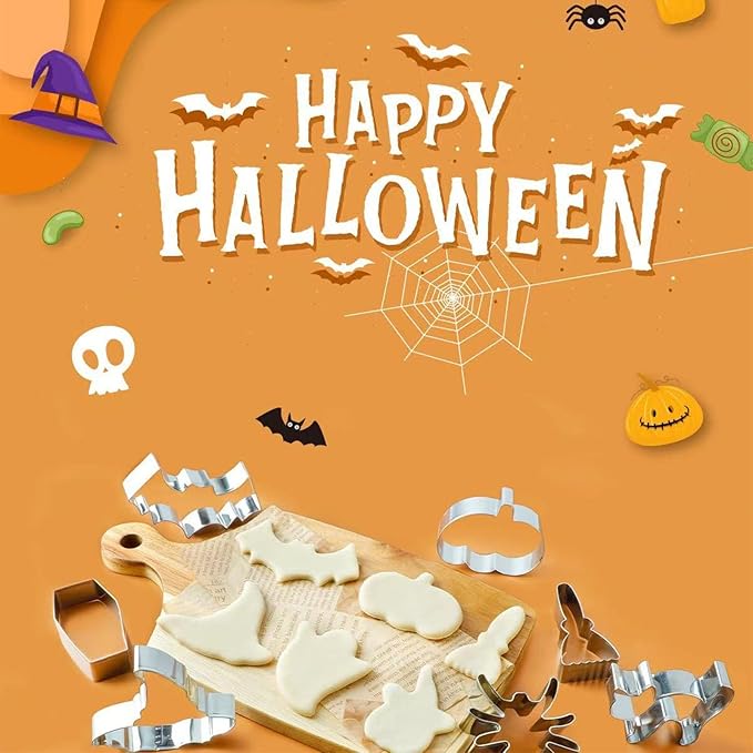 12 Pcs Halloween Cookie Cutters Set, Cat, Bat, Owl, Ghost, Pumpkin, Witch hat, Broom, Spider, Spider Web, Coffin, Tombstone Shape, Stainless Steel Metal Biscuit Molds for Baking or Party Decorations