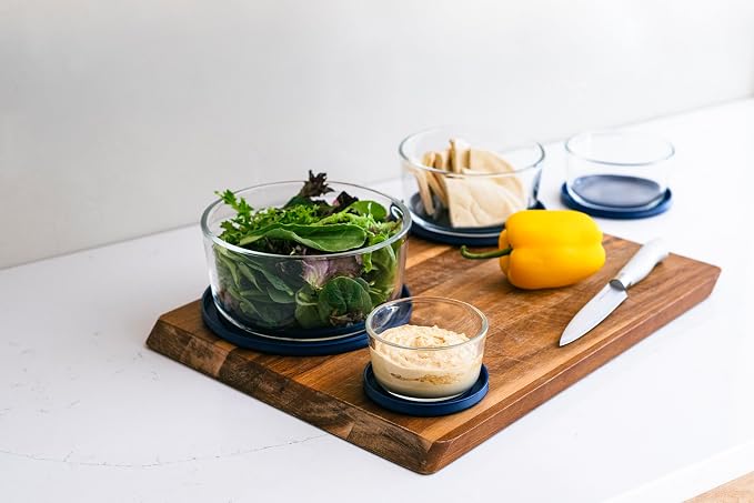 8-Piece Glass Food Storage Containers Set (4 Containers + 4 Lids) | Round, Nesting, Microwave & Dishwasher Safe | BPA-Free, Space-Saving | Blue Lids for Pantry & Kitchen Organization, Blue
