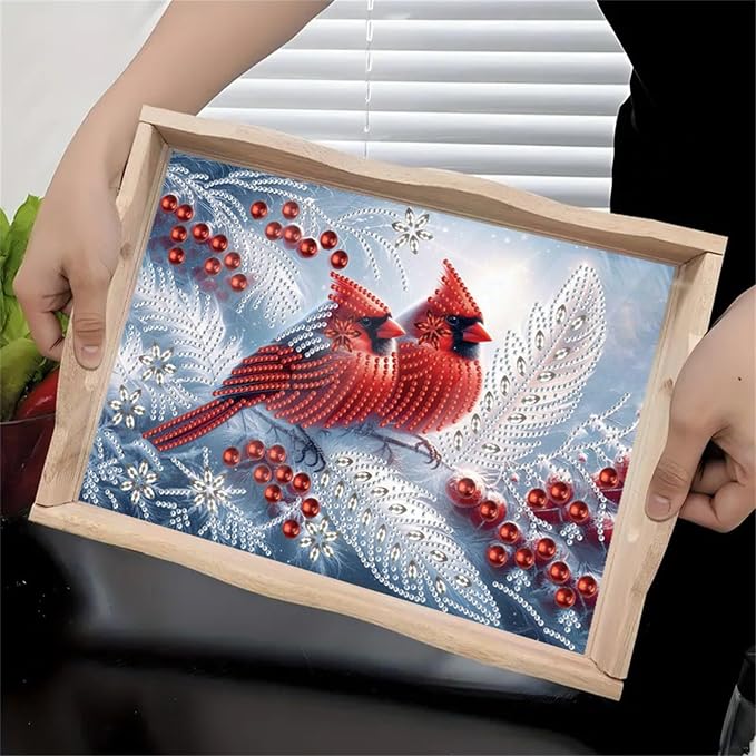 DIY Diamond Serving Tray with Handle Handmade Diamond Art Painting Wooden Rectangular Breakfast Tray for Dinner Plate Coffee Room Living Home Organizer-Cardinal02
