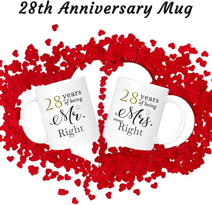 28th Anniversary Coffee Mugs Set of 2, 28 Year Anniversary Wedding Gifts Decorations for Couple Parents Men Women Husband Wife Him Her, Gift Box Packaging, 11oz