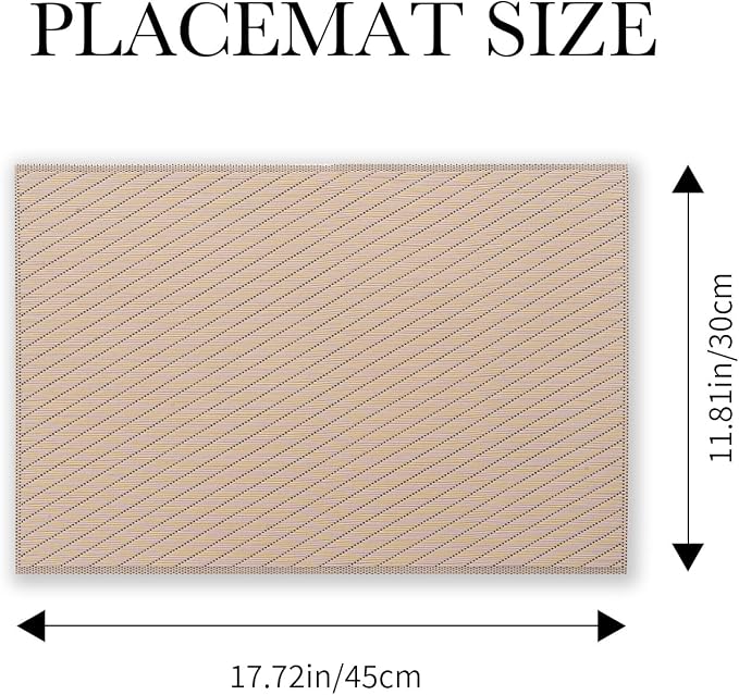 BACKTOEDEN Placemats Set of 12 Heat Resistant Washable Wipeable Placemat Woven Non-Slip Foldable Vinyl/Plastic Place Mats Indoor/Outdoor Mat Kitchen Dining Table Pad, Khaki Twill
