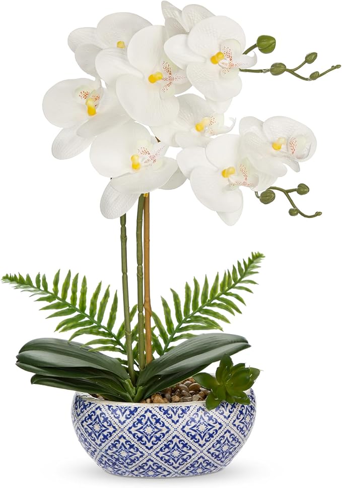 Oairse White Orchids Artificial Flowers in Pot 16.1" Faux Orchids Plant in Blue and White Pot Real Touch Fake Phalaenopsis Flower Arrangement Dinner Table Centerpiece for Dining Room Bathroom Decor