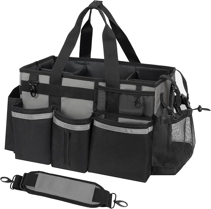 SCAVATA Wearable Cleaning Caddy, Cleaning Caddy Supplies Organizer with Handle & Shoulder Straps for Housekeepers, Under Sink & Car Cleaning Tool Organizers Bag with 4 Foldable Divider (MediumGrey)
