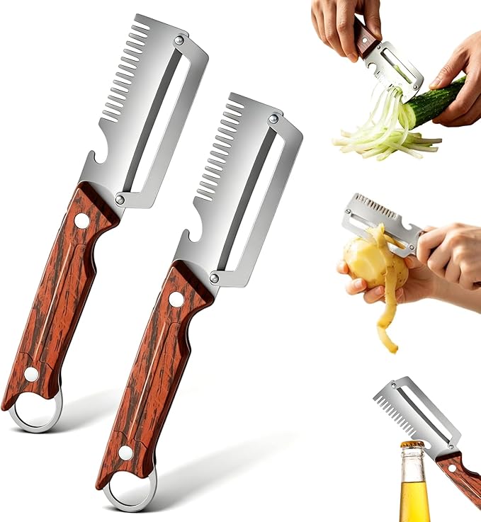 3-1 Multi-functional Vegetable Peeler, 2026 New Stainless Steel Peeler with Wooden Handle & Bottle Opener and Grater, Kitchen Tool Peeler for Peeling Fruits and Shredding Scallions