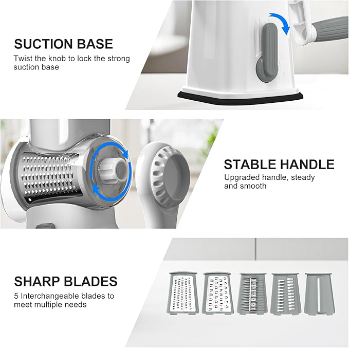 Ourokhome Rotary Cheese Grater Cheese Shredder with 5 Interchangeable Blades, Rotary Grater with Non-slip Suction Base Hand Crank Slicer for Vegetable Nuts White