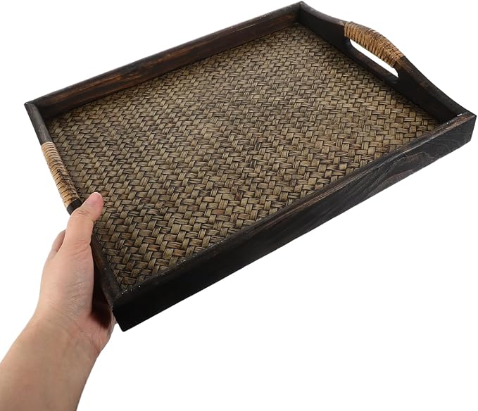 PartyKindom Handmade Wood and Rattan Serving Tray with Elevated Handles, Large Rectangular Decorative Tray for Ottoman, Coffee Table, Spa Salon and Hotel Room
