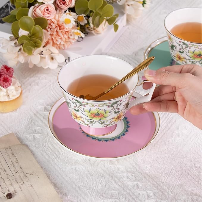 KAMMAK Ceramic Coffee Cups Saucers Set of 2, Porcelain Espresso Cups with Saucers, 8.12 oz Handcrafted Elegant Bone China Tea Cups, Lotus Floral Pattern Teacup for Party, Office, Women Gift