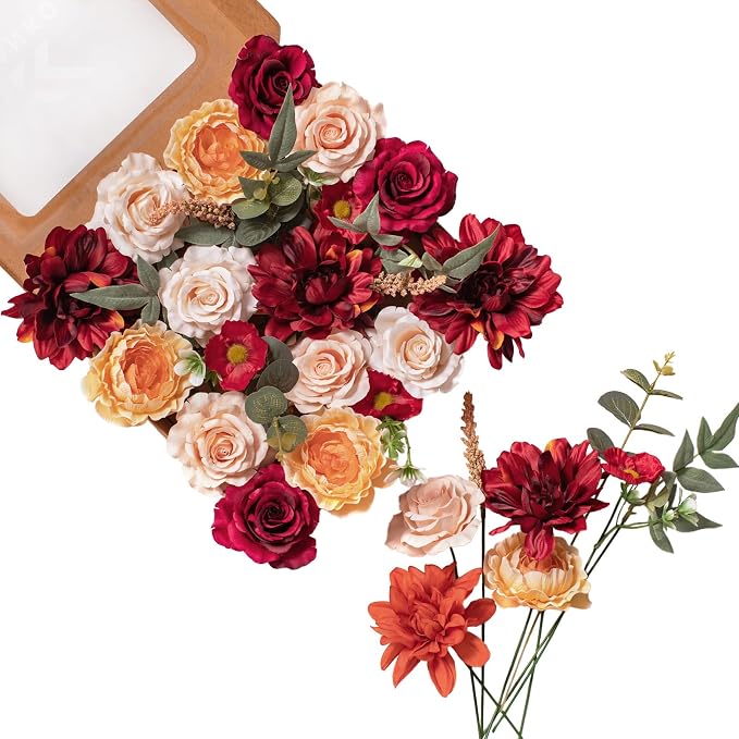 FANKO Artificial Flowers for DIY Bouquet, Faux Rose Combo Burgundy Red Peach Orange, Fake Flower Rose Dahlia Ranunculus for Vase, Floral Arrangement, Centerpieces, Wedding, Home Decor, Party
