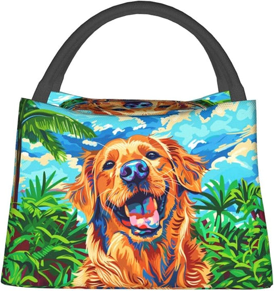 Colorful Golden Retriever Lunch Box for Women Girls Insulated Tropical Leaves Playful Dog Puppy Lunch Bag for Work Picnic Camping Travel Gifts Large Capacity Cooler Thermal Reusable Tote Makeup Bags