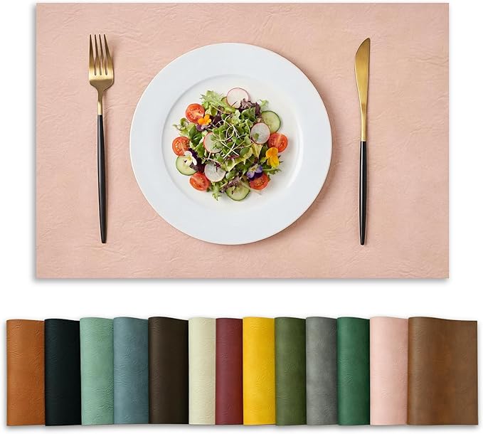 Artoid Mode Pink Faux Leather Placemats Set of 6, 12x18 Inch Waterproof Wipeable Heat Resistant Vinyl Place Mats, Reversible Table Mats for Spring Kitchen Dining Decor
